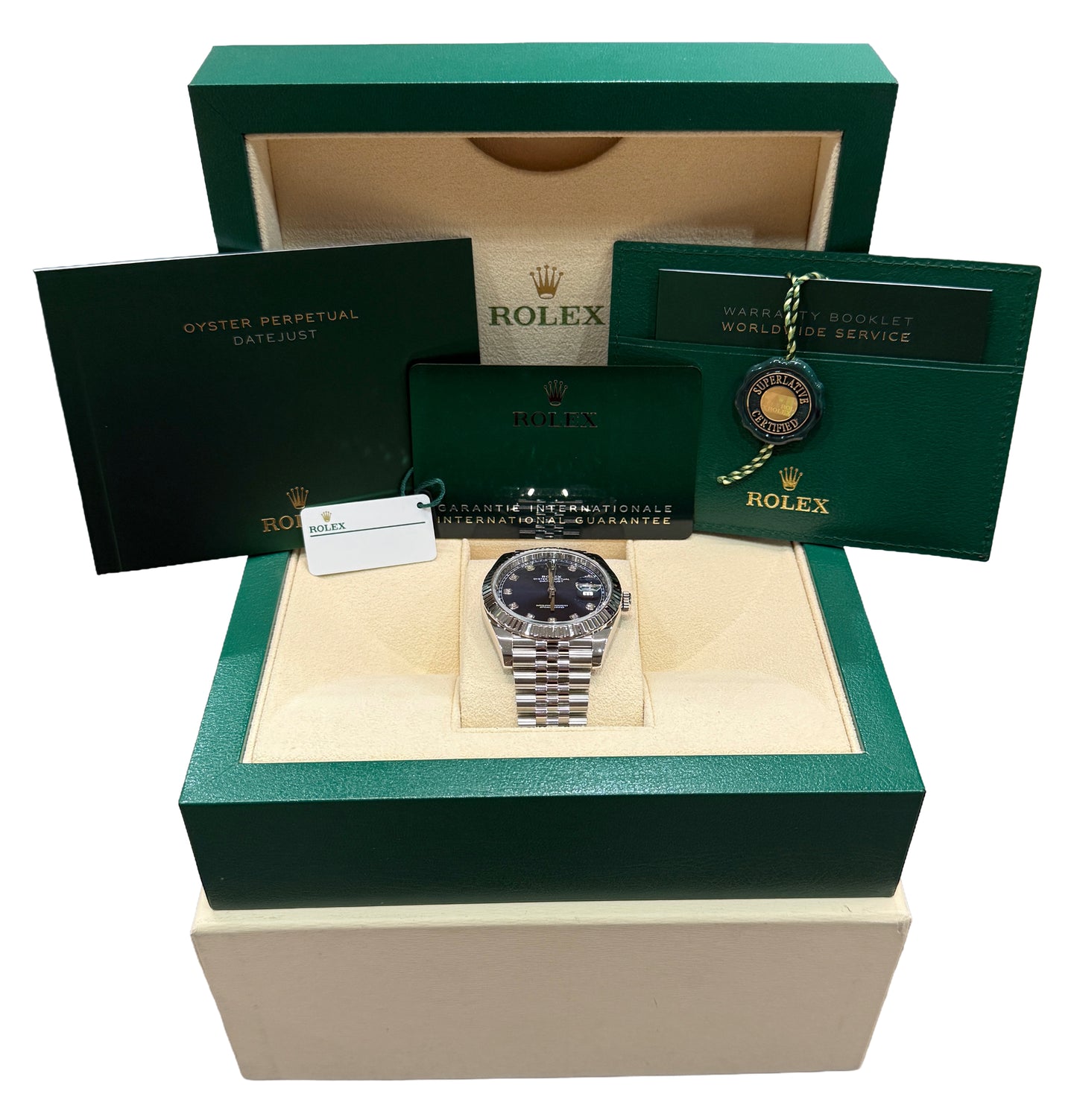 2023 PAPERS Rolex DateJust 41 BLUE DIAMOND 18K Gold 41mm JUBILEE 126334 BOX