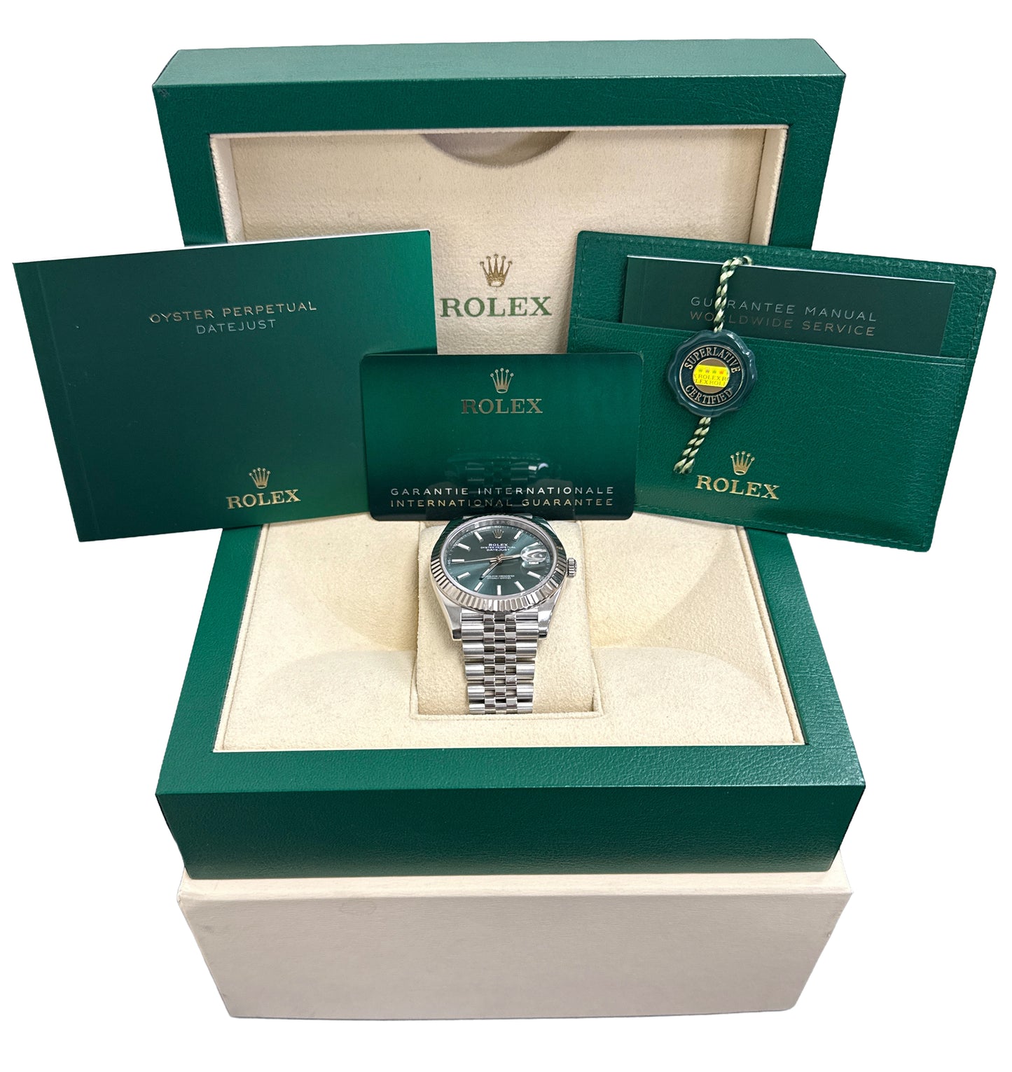 2024 PAPERS Rolex DateJust 41 MINT GREEN 18K Gold Steel 41mm JUBILEE 126334 BOX