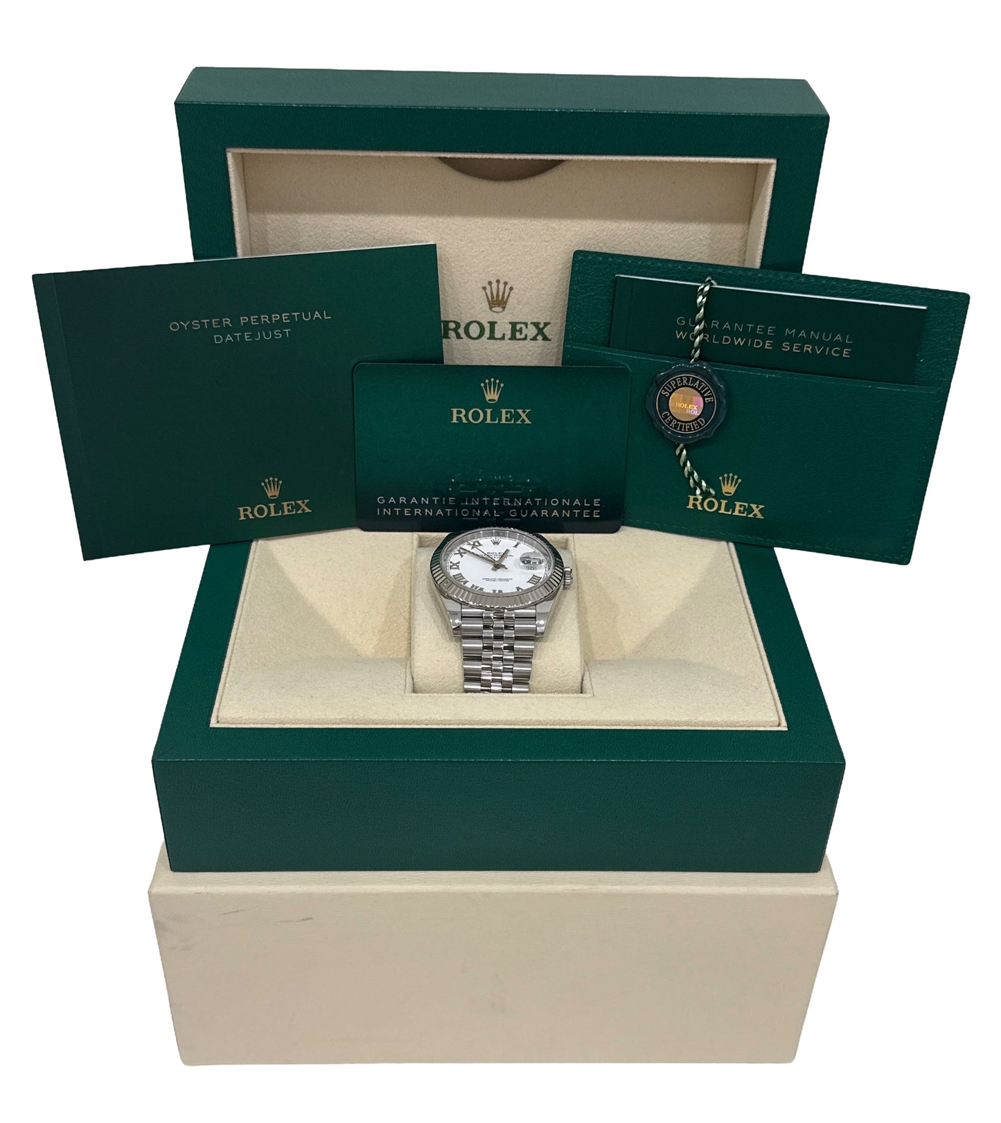2021 PAPERS Rolex DateJust 41 WHITE ROMAN 18K Gold Steel JUBILEE 41mm 126334 BOX