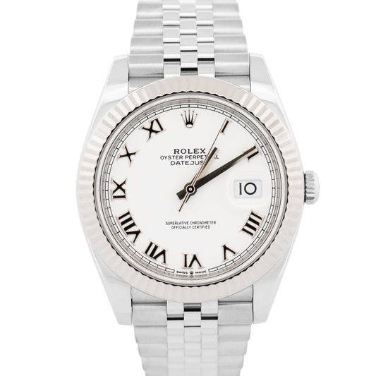 2021 PAPERS Rolex DateJust 41 WHITE ROMAN 18K Gold Steel JUBILEE 41mm 126334 BOX