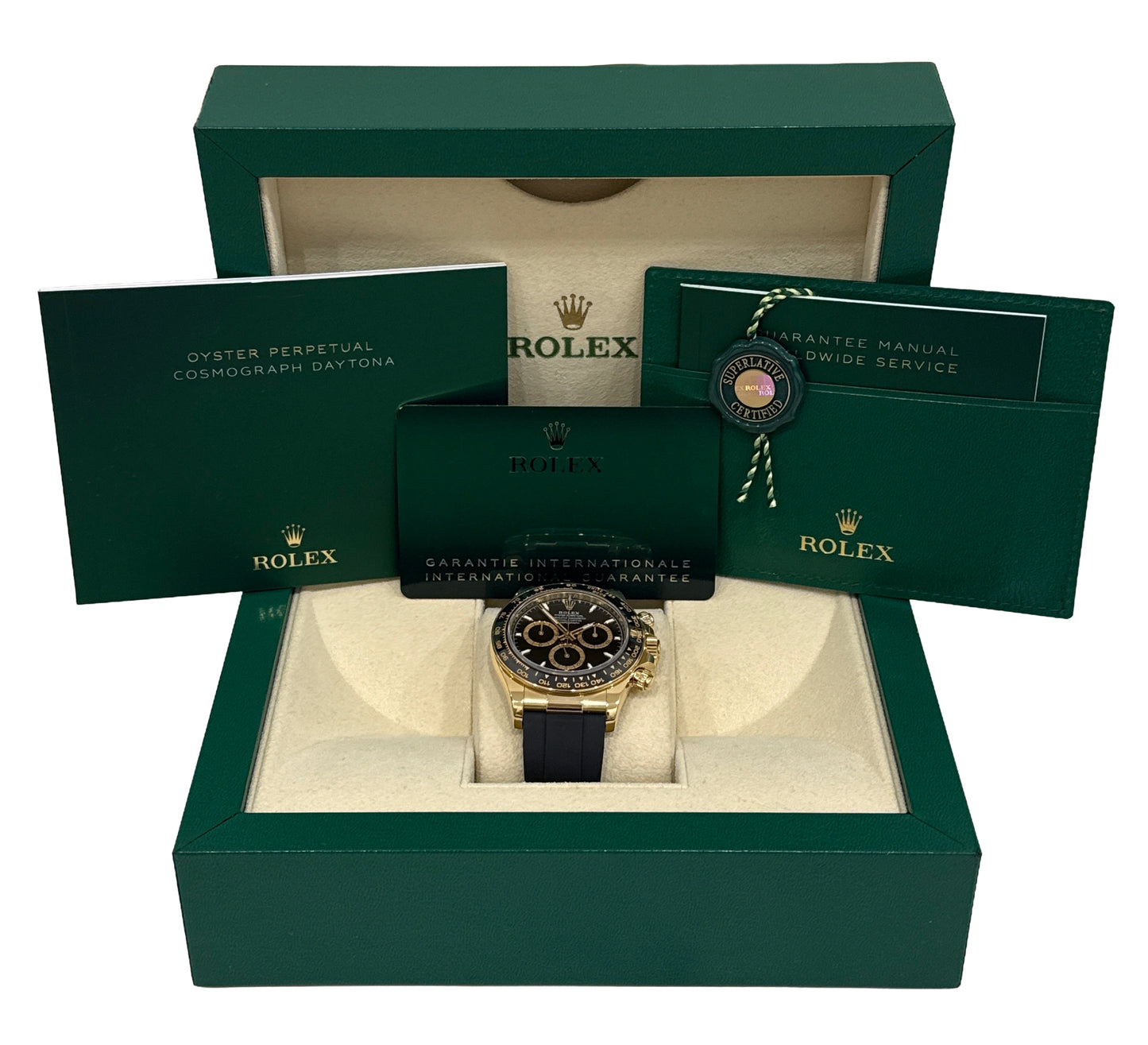 2024 PAPERS Rolex Daytona BLACK 18K Yellow Gold Oysterflex Rubber 126518 LN BOX
