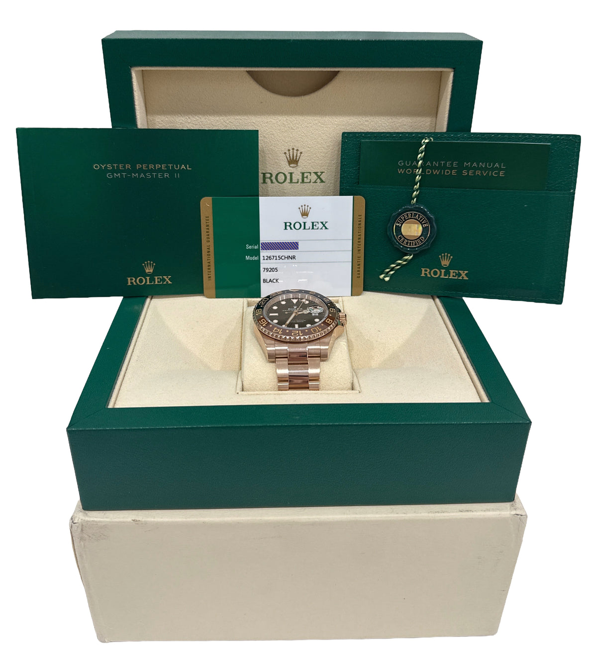 2018 Rolex GMT-Master II 126715 CHNR Root Beer 18K Rose Gold 40mm Box Papers