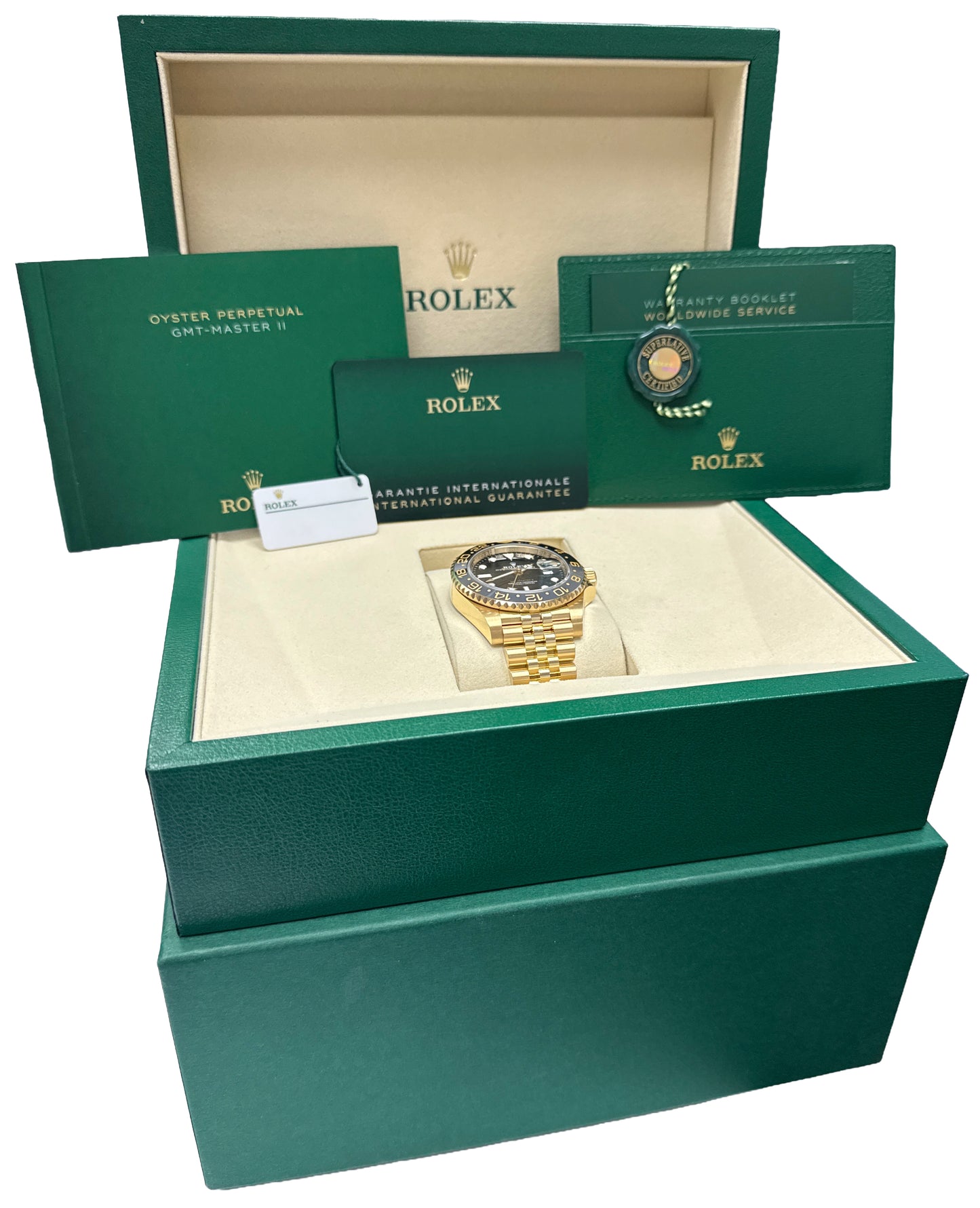 2025 PAPERS Rolex GMT-Master II 18K Yellow Gold JUBILEE 40mm 126718 GRNR BOX