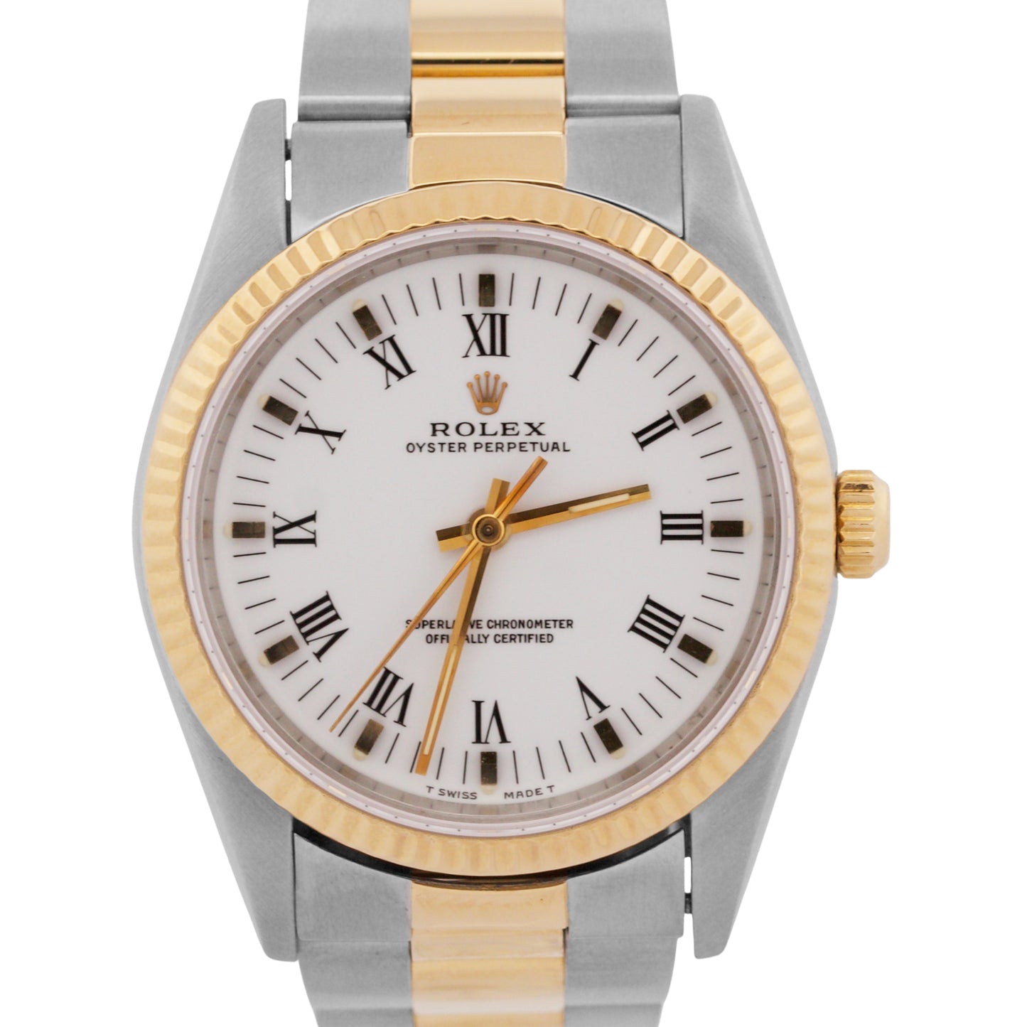 MINT Rolex Oyster Perpetual WHITE ROMAN Buckley 18K Gold Steel Oyster 34mm 14233