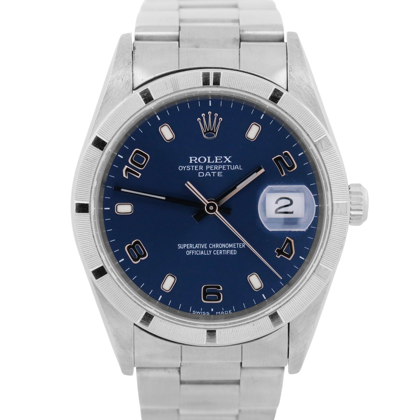 Rolex Oyster Perpetual Date BLUE 34mm ENGINE-TURNED Steel Oyster Watch 15000 BOX