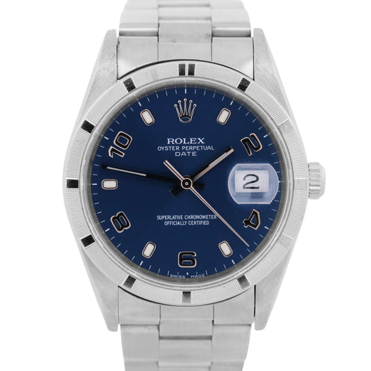 Rolex Oyster Perpetual Date BLUE 34mm ENGINE-TURNED Steel Oyster Watch 15000 BOX