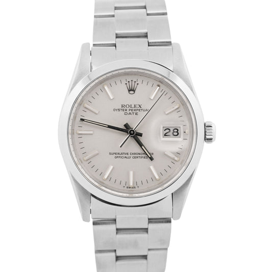 VINTAGE 1982 Rolex Oyster Perpetual Date SILVER 34mm Steel Oyster Watch 15000