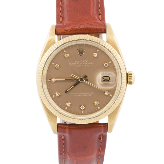 VINTAGE Rolex Oyster Perpetual Date TOBACCO DIAMOND 18K Yellow Gold 34mm 1501