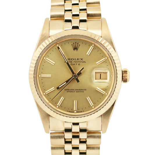 VINTAGE Rolex Oyster Perpetual Date 34mm CHAMPAGNE 14K Gold Fluted JUBILEE 15037