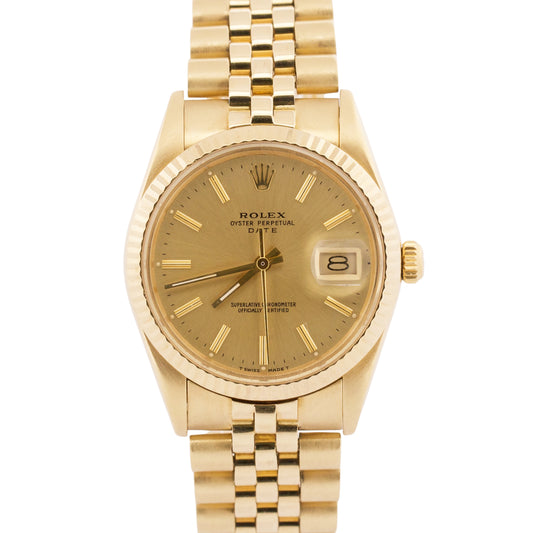 PAPERS Rolex Oyster Perpetual Date 34mm JUBILEE 14K Gold FLUTED 15037 Watch BOX