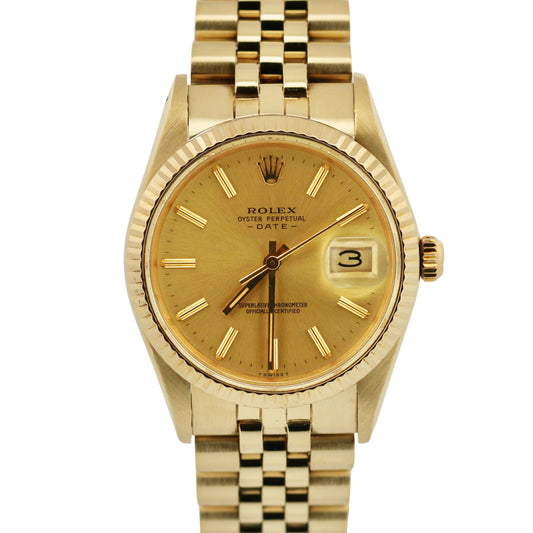 VINTAGE Rolex Oyster Perpetual Date 34mm CHAMPAGNE 14K Gold Fluted JUBILEE 15037