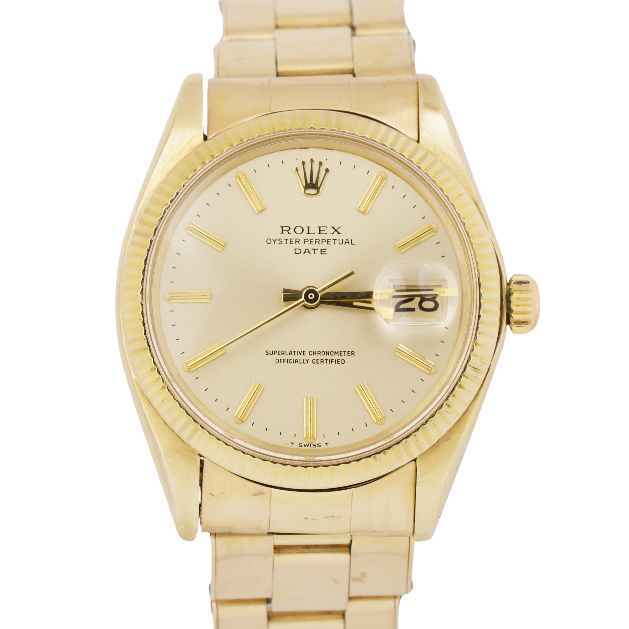 VINTAGE 1974 Rolex Oyster Perpetual Date 34mm CHAMPAGNE 14K Yellow Gol CollectorsWatches