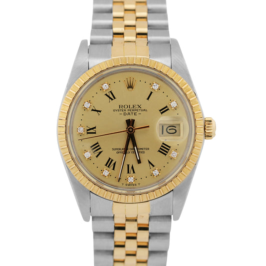 Rolex Oyster Perpetual Date 34mm CHAMPAGNE DIAMOND 18K Gold Steel JUBILEE 15053
