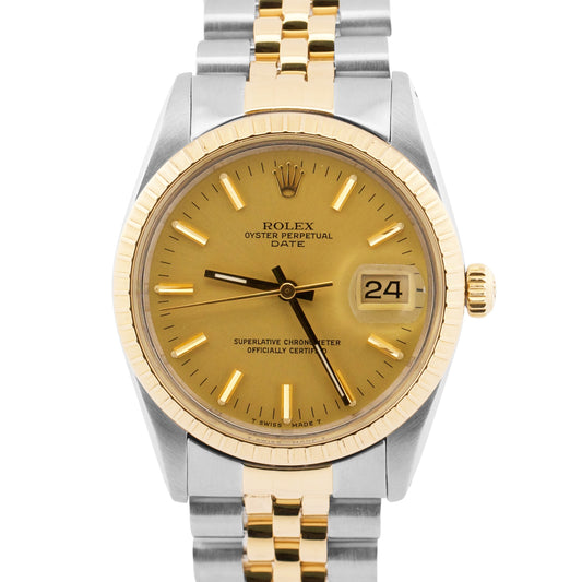Rolex Oyster Perpetual Date CHAMPAGNE 14K Gold Engine-Turned JUBILEE 34mm 15053