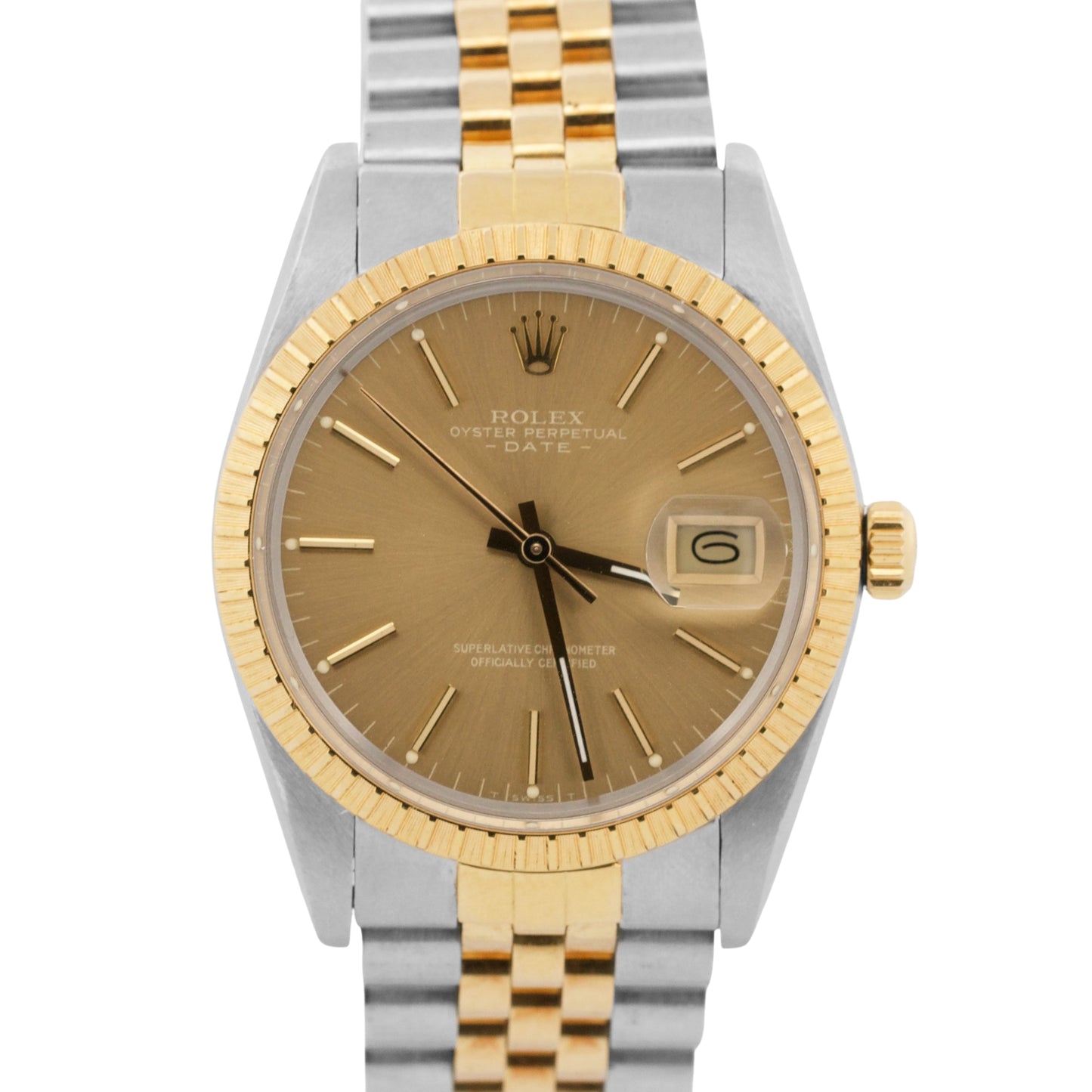 1986 Rolex Oyster Perpetual Date CHAMPAGNE 18K Gold Engine-Turned 34mm 15053