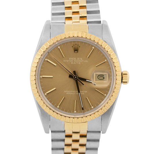 1986 Rolex Oyster Perpetual Date CHAMPAGNE 18K Gold Engine-Turned 34mm 15053