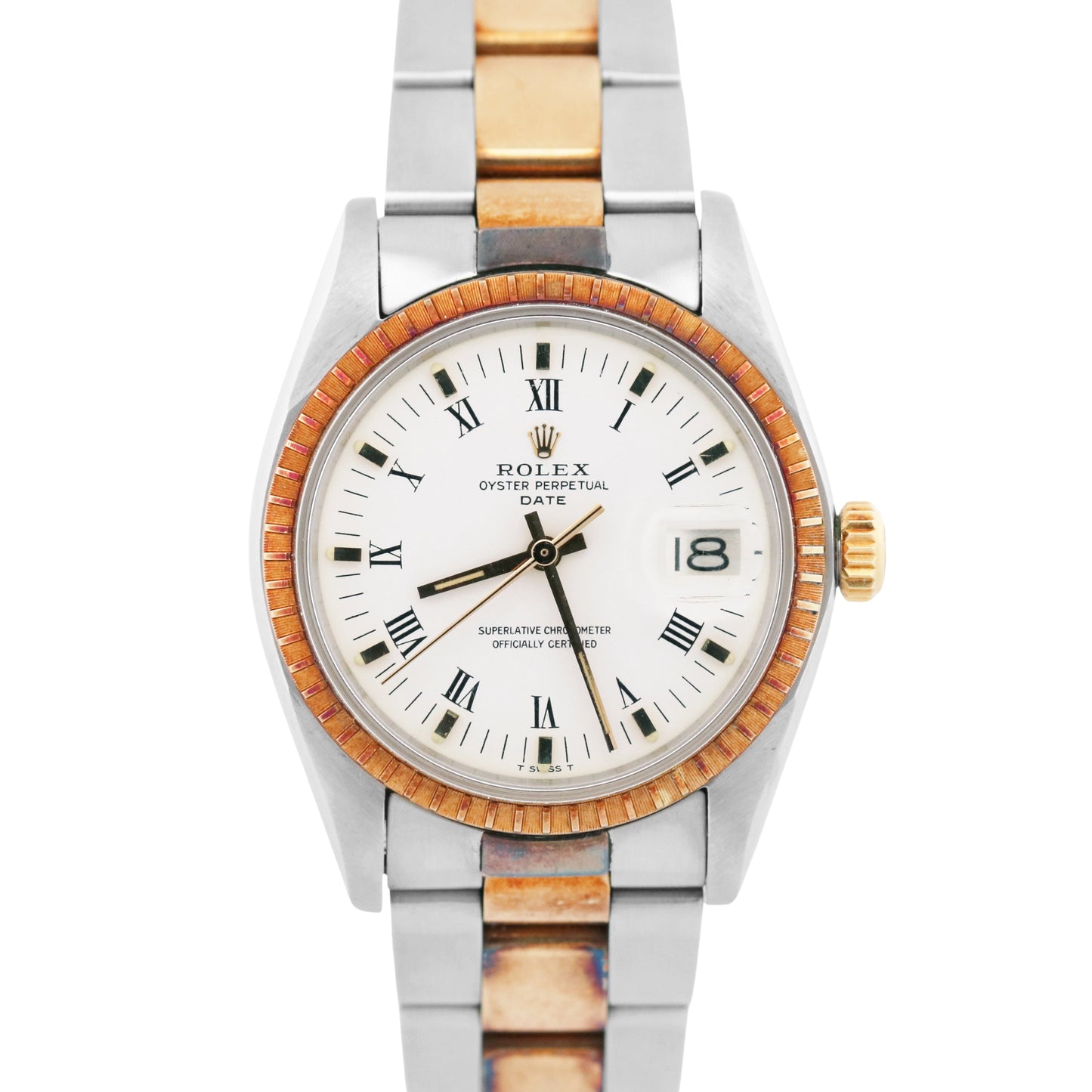 1978 Rolex Oyster Perpetual Date 34mm WHITE ROMAN 18K Gold Steel OYSTER 1505