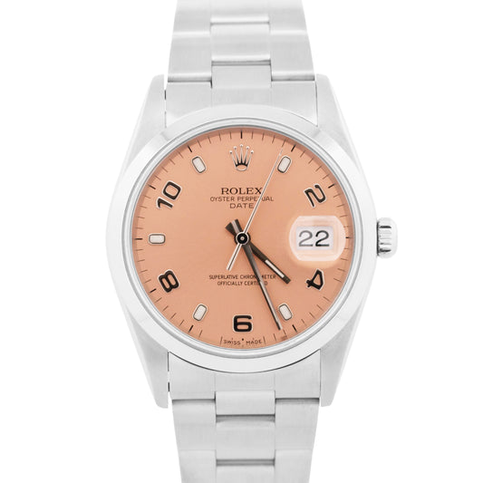 MINT Rolex Oyster Perpetual Date 34mm SALMON Pink Stainless Steel Watch 15200