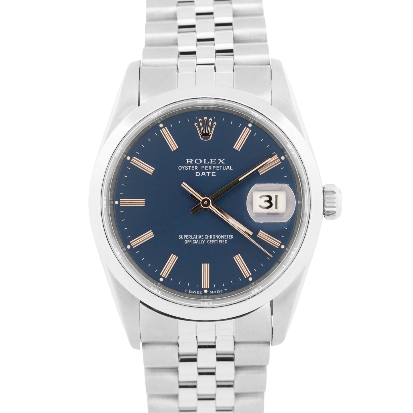 1995 PAPERS Rolex Oyster Perpetual Date 34mm BLUE Stainless JUBILEE 15200 BOX