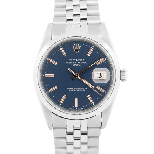 1995 PAPERS Rolex Oyster Perpetual Date 34mm BLUE Stainless JUBILEE 15200 BOX