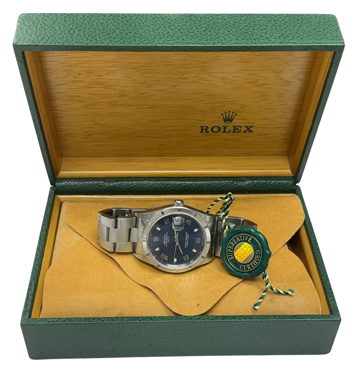 Rolex Oyster Perpetual Date BLUE 34mm ENGINE-TURNED Steel Oyster Watch 15210 BOX
