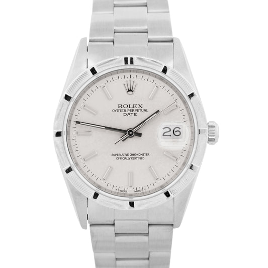 1996 Rolex Oyster Perpetual Date 34mm SILVER Steel Oyster NO-HOLES 15210 Watch
