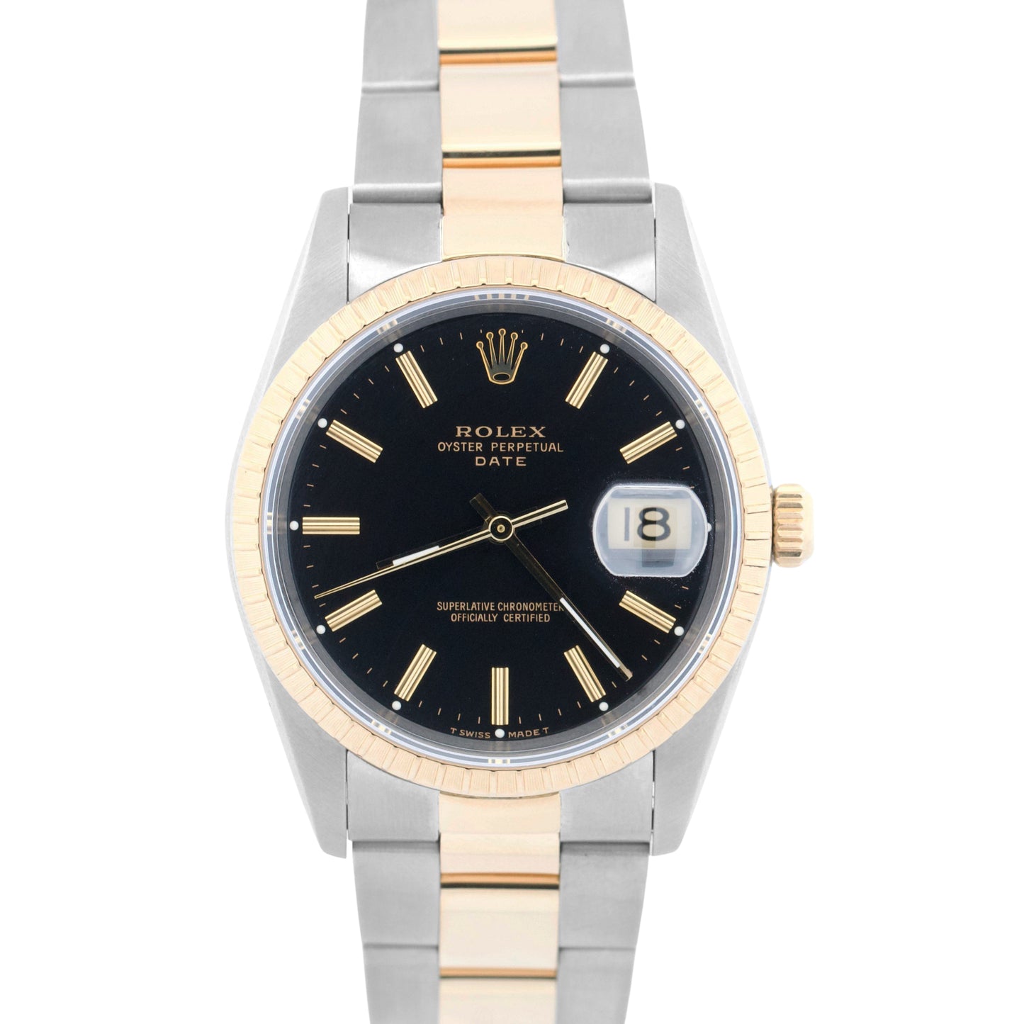 PAPERS Rolex Oyster Perpetual Date 34mm BLACK 18K Yellow Gold OYSTER 15233 BOX