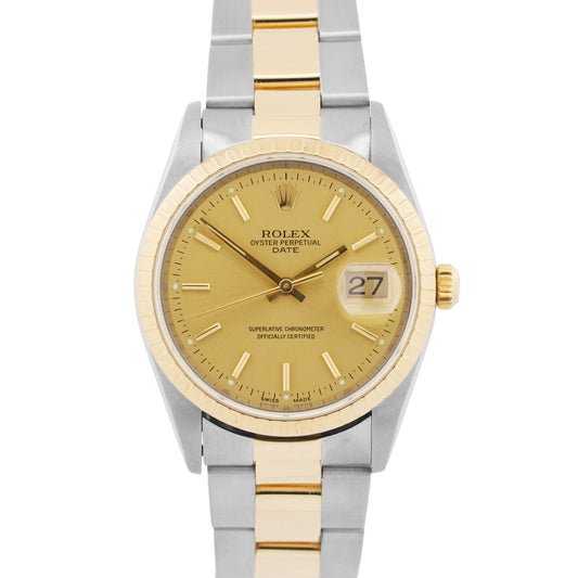 Rolex Oyster Perpetual Date 34mm CHAMPAGNE 18K Steel Engine-Turned Oyster 15233