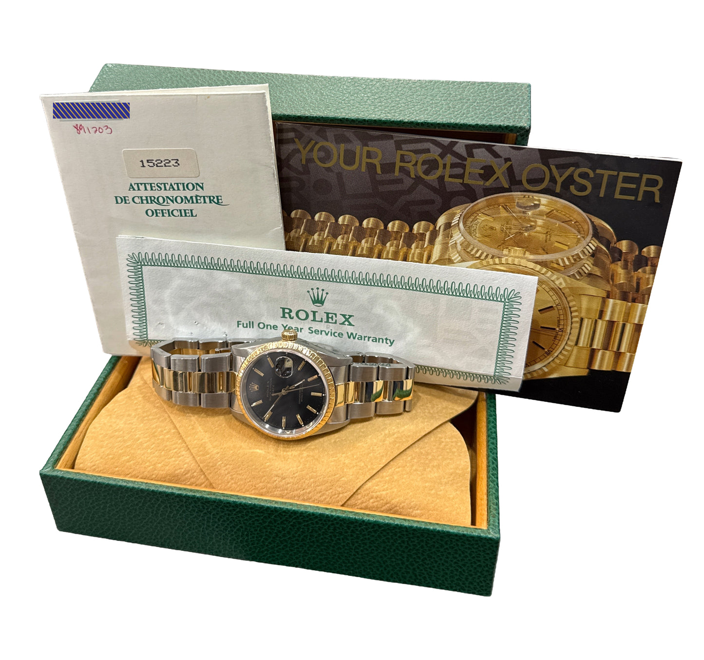 PAPERS Rolex Oyster Perpetual Date 34mm BLACK 18K Yellow Gold OYSTER 15233 BOX