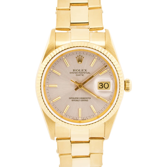 Rolex Oyster Perpetual Date 34mm SILVER 18K Yellow Gold FLUTED Watch 15238