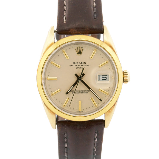 1987 PAPERS Rolex Oyster Perpetual Date 34mm Gold Leather SILVER Watch 15505 BOX