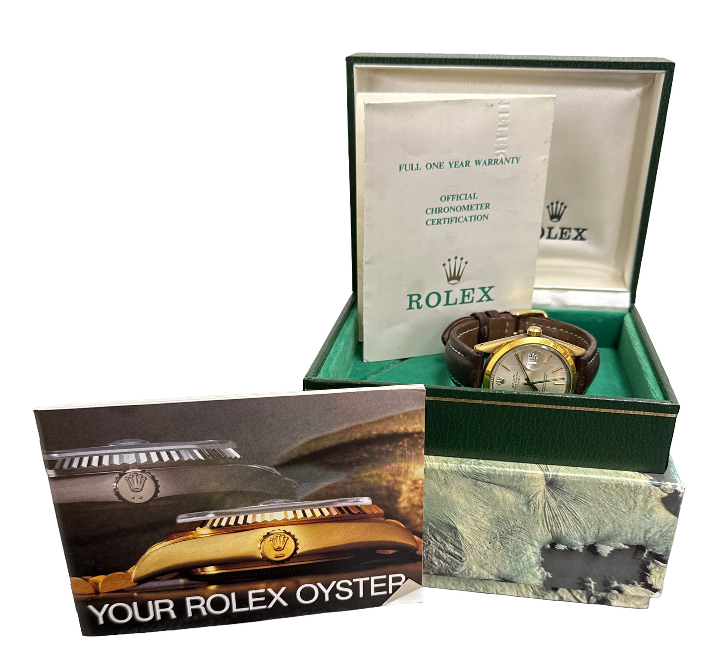 1987 PAPERS Rolex Oyster Perpetual Date 34mm Gold Leather SILVER Watch 15505 BOX