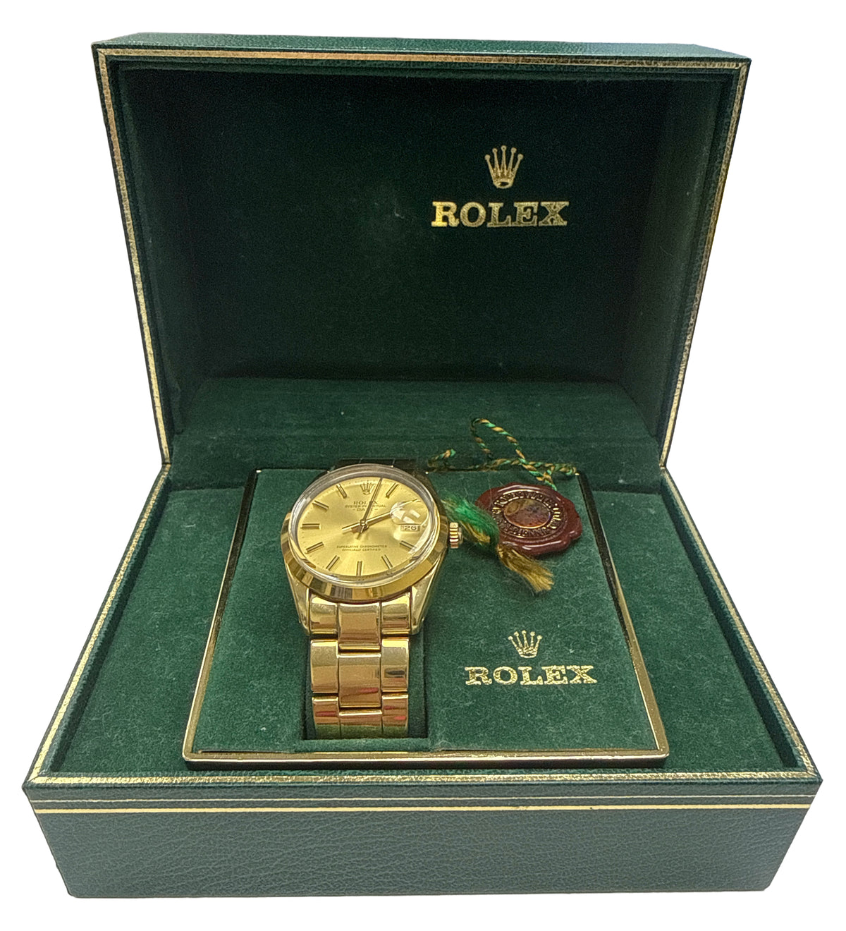 1984 Rolex Oyster Perpetual Date 15505 34mm Champagne Gold Oyster Watch Box