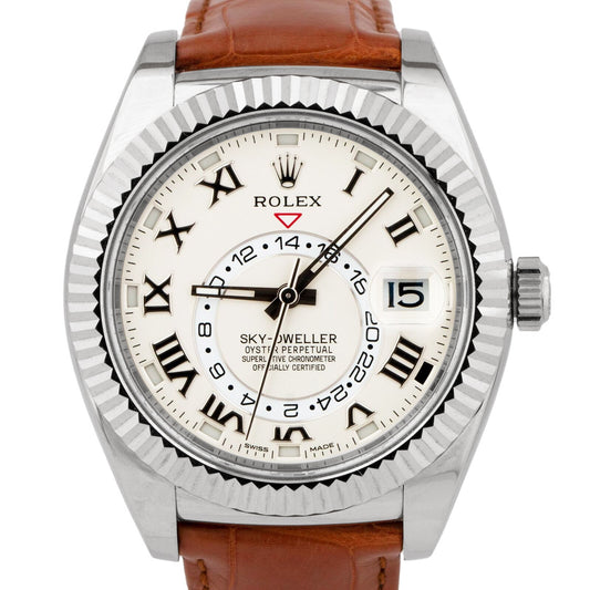 UNPOLISHED Rolex Sky-Dweller 18K White Gold 42mm White Roman Watch 326139 B+P