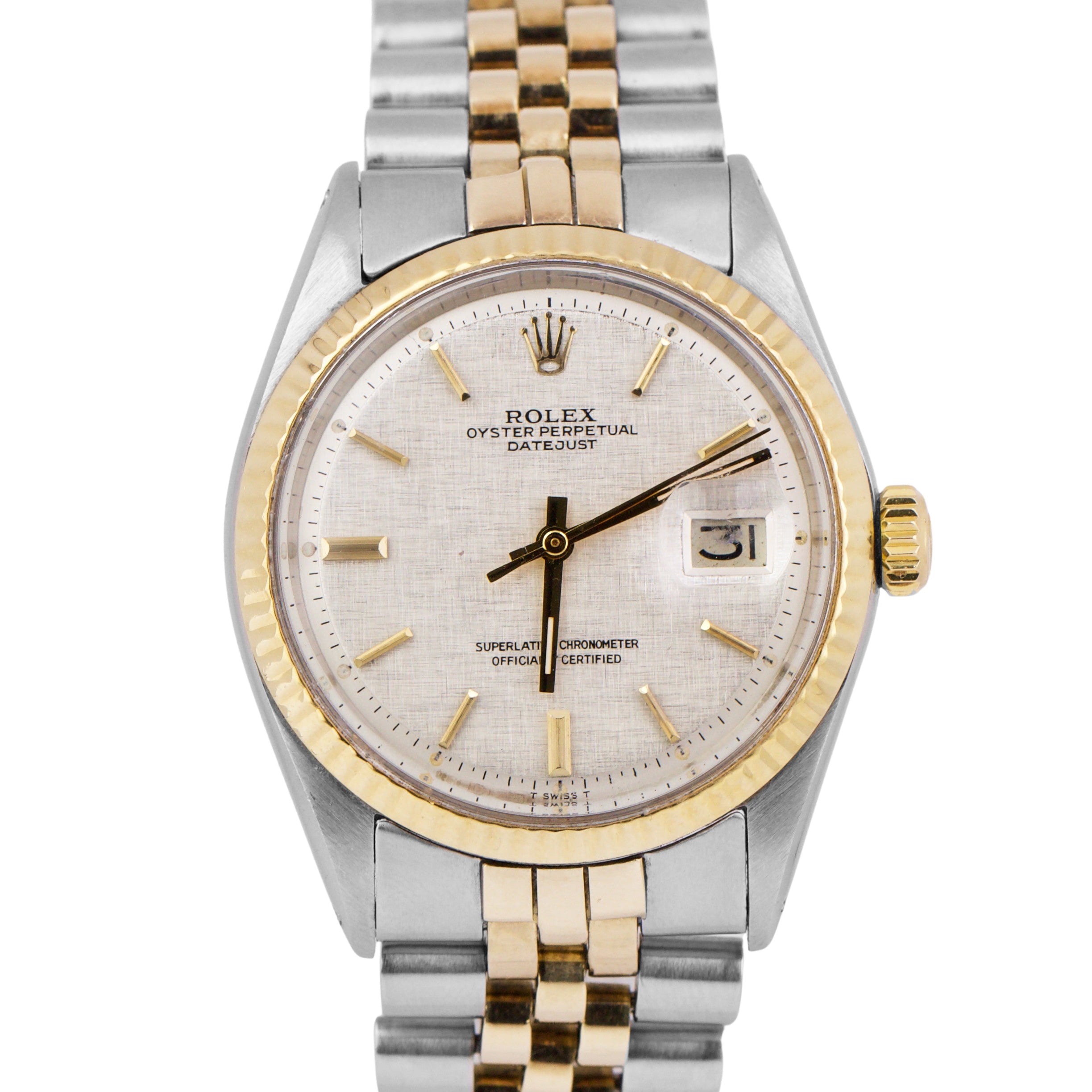 1971 Rolex DateJust 36mm SILVER LINEN 18K Yellow Gold Steel Fluted