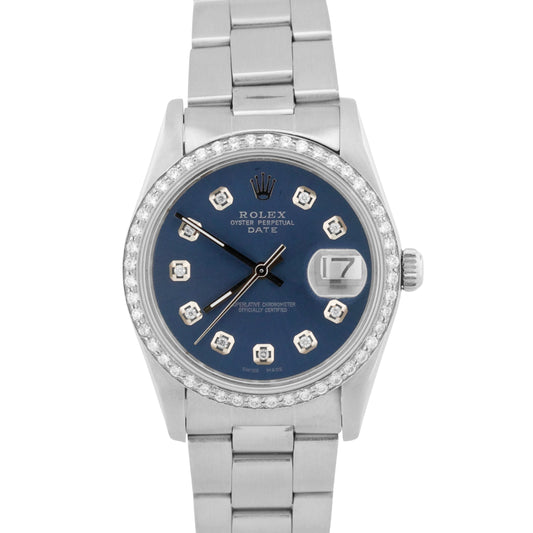 1981 Rolex Oyster Perpetual Date 16000 Blue Diamond Stainless Steel 36mm Watch