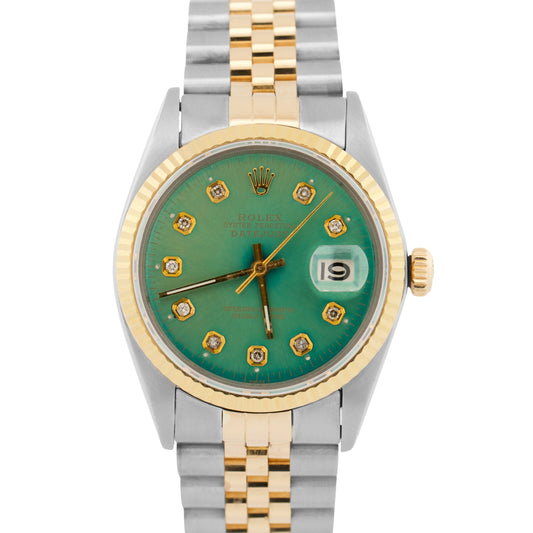 Rolex DateJust 36mm AQUA DIAMOND Blue Green 18K Gold JUBILEE Steel Watch 16013