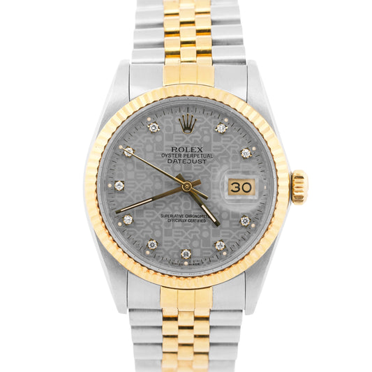 UNPOLISHED Rolex DateJust 36mm RHODIUM DIAMOND COMPUTER 18K Steel JUBILEE 16013