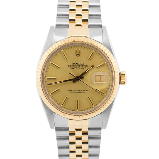 1986 Rolex DateJust CHAMPAGNE 18K Yellow Gold Steel JUBILEE 36mm 16013 Watch