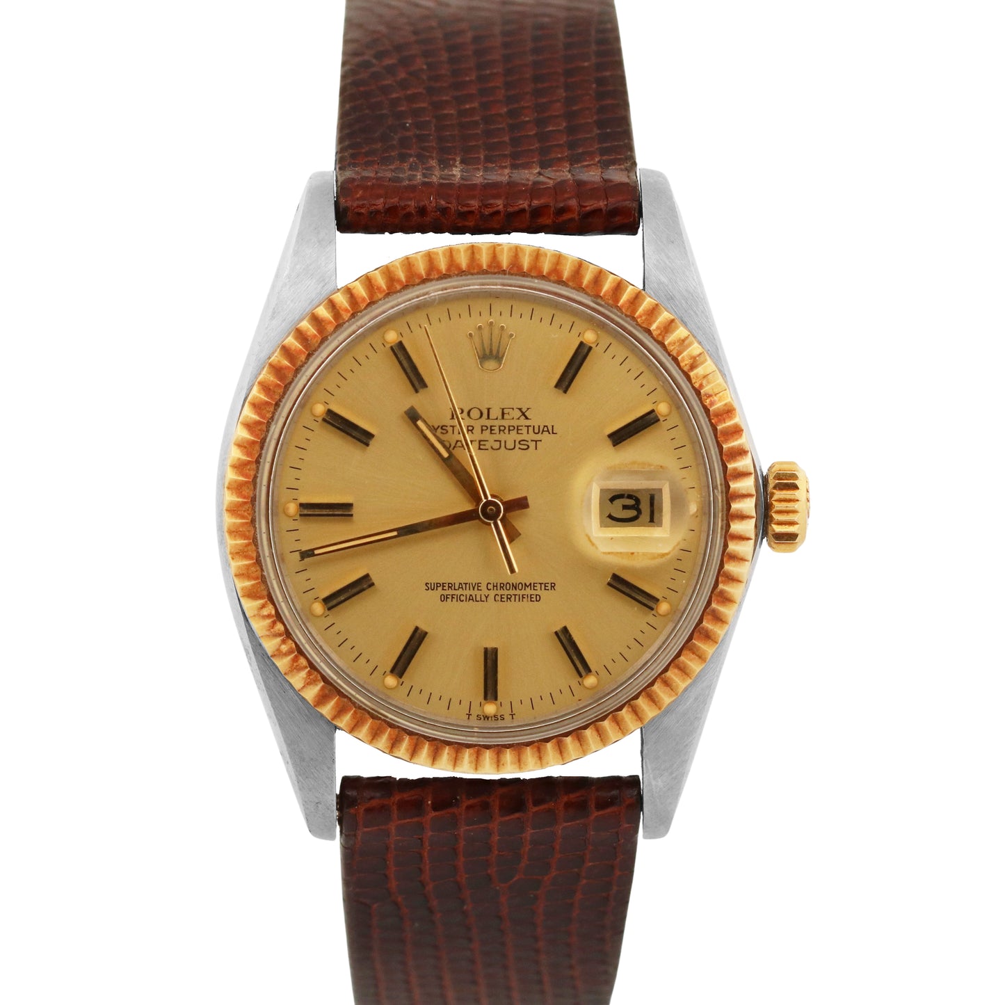UNPOLISHED Rolex DateJust 36mm CHAMPAGNE 18K Gold Steel Fluted Leather 16013