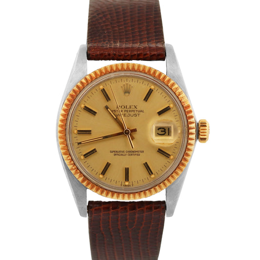 UNPOLISHED Rolex DateJust 36mm CHAMPAGNE 18K Gold Steel Fluted Leather 16013