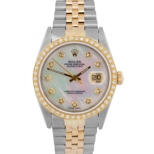 Rolex DateJust 36mm MOP DIAMOND Two-Tone 18K Yellow Gold JUBILEE Watch 16013