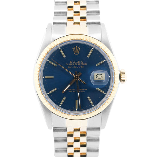PAPERS Rolex DateJust 36mm BLUE Two-Tone 18K Yellow Gold Steel JUBILEE 16013 BOX