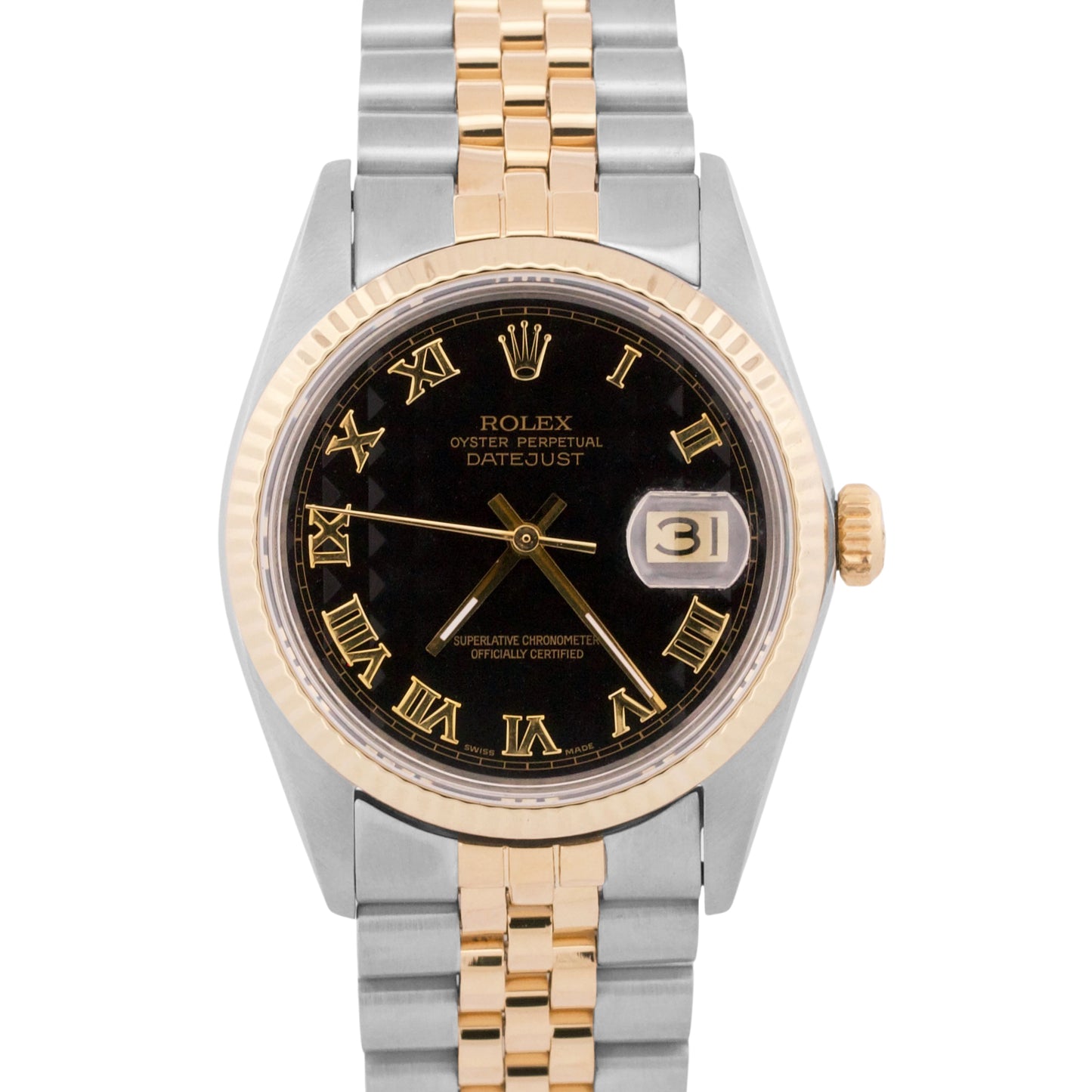 Rolex DateJust BLACK ROMAN PYRAMID Two-Tone 18K Gold Steel JUBILEE 36mm 16013