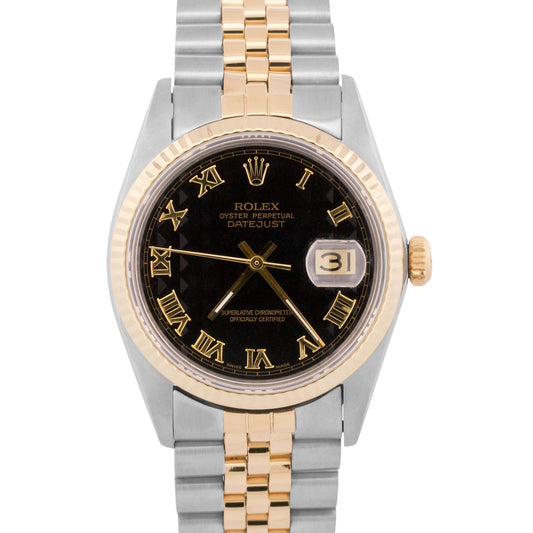 Rolex DateJust BLACK ROMAN PYRAMID Two-Tone 18K Gold Steel JUBILEE 36mm 16013