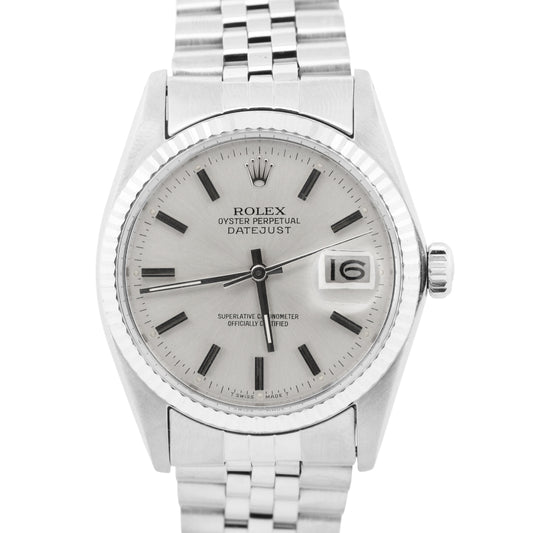 Rolex DateJust 36mm SILVER Stainless Steel 18K White Gold JUBILEE Fluted 16014