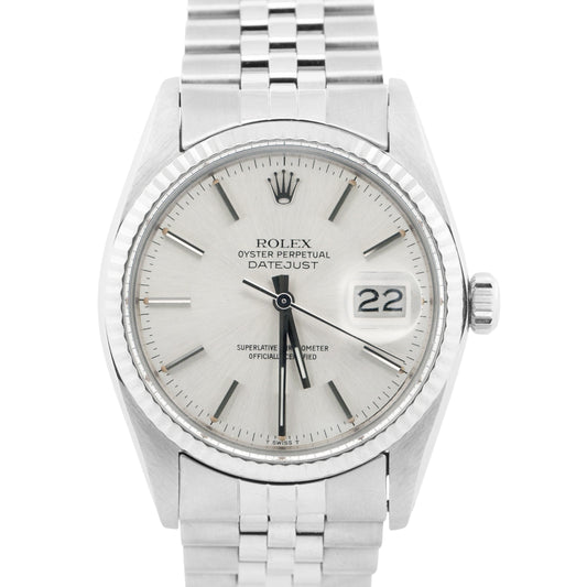 Rolex DateJust 36mm SILVER Stainless Steel 18K White Gold JUBILEE Fluted 16014