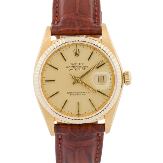 Unpolished Rolex DateJust 16018 36mm Champagne 18K Yellow Gold Leather Watch