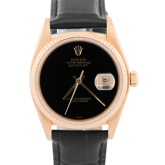 1983 Rolex DateJust 16018 36mm Factory Black Onyx 18K Gold Watch Box Papers