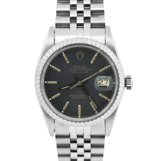 Rolex DateJust 36mm BLACK TAPESTRY Steel Engine Turned JUBILEE Watch 16030